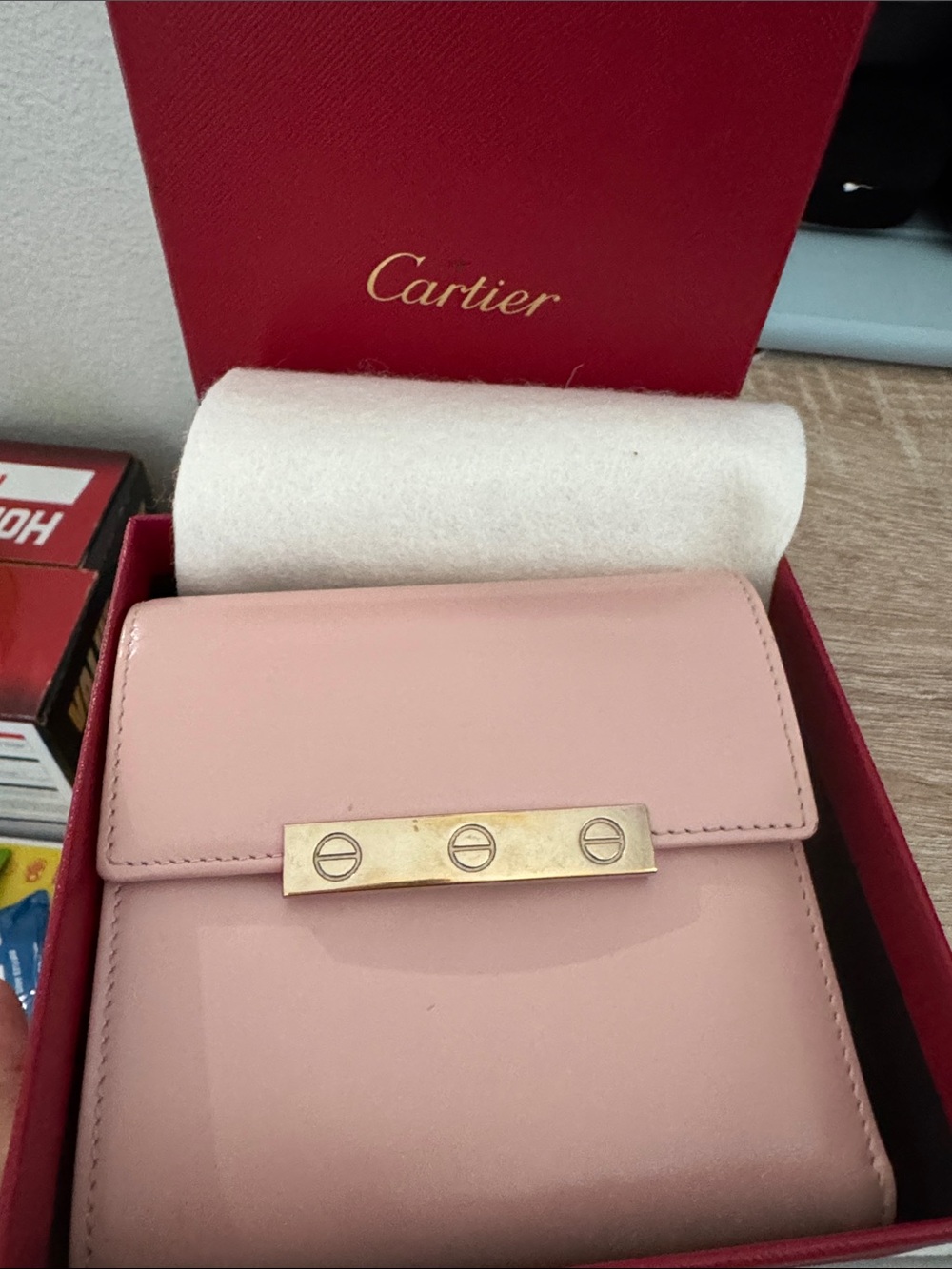 Cartier Pale Pink Leather Wallet with Gold Bar